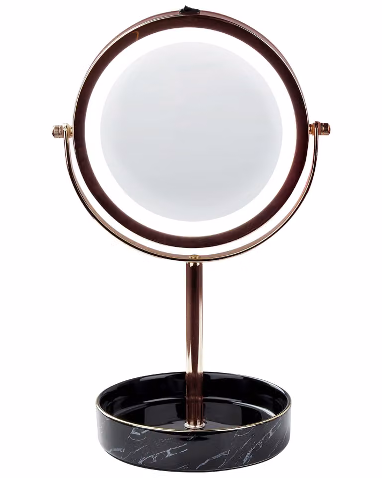 BELIANI Specchio cosmetico LED cornice in metallo ferroso oro e nero ø 20 cm supporto in Vetroceramica lente d'ingrandimento 1x/5x bifacciale
