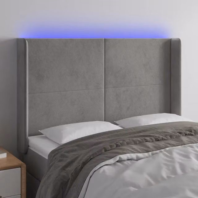 Testiera con LED Design Mania in Velluto Grigio Chiaro con Porte USB, L: 147 cm, P: 16 cm, H: 118/128 cm – 1