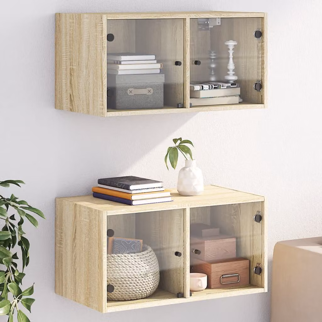 Set di 2 mobili a muro vidaXL con ante in vetro, Rovere Sonoma, L: 68,5 cm, P: 37 cm, H: 35 cm