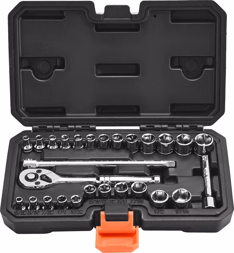 Set di chiavi a bussola - 27 pezzi. Attacco da 6,3 mm - Set di chiavi a cricchetto - SAE e metrico - Barra di prolunga - Valigetta di stoccaggio - Acciaio al cromo-vanadio CR-V