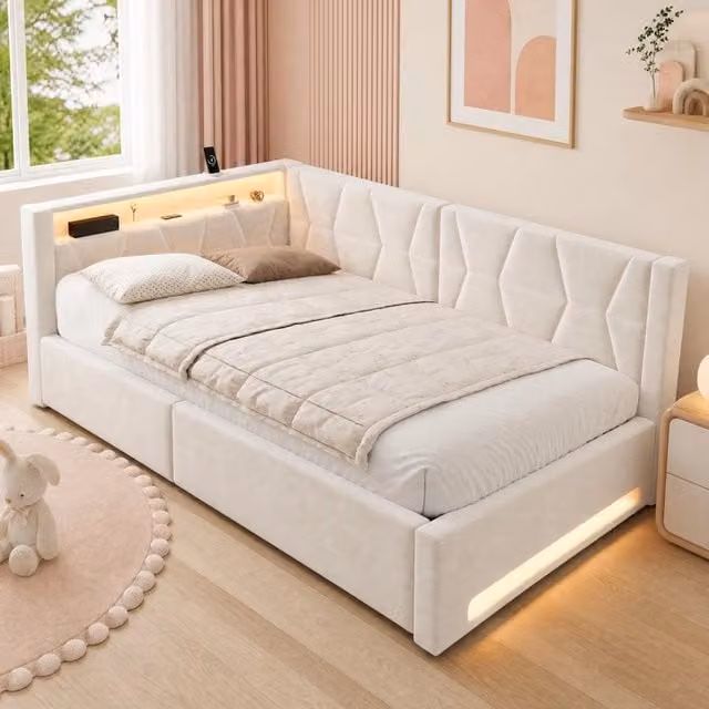 Letto contenitore 140x200 cm in metallo e velluto beige con LED e USB -