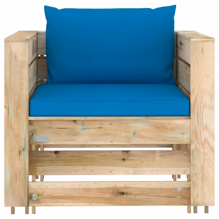 Set Salotto da Giardino vidaXL in Legno di Pino Trattato con Divano a 2 Posti e Ottoman e Cuscini Imbottiti Verde e Blu
