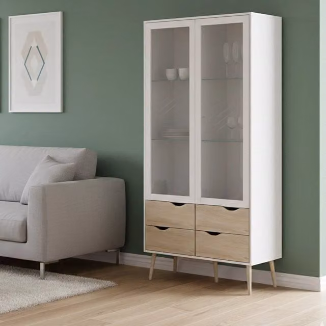 Vetrinetta Amedeo DMORA con due ante in vetro, colore bianco e rovere, L: 98 cm, H: 200 cm, P: 39 cm – 1