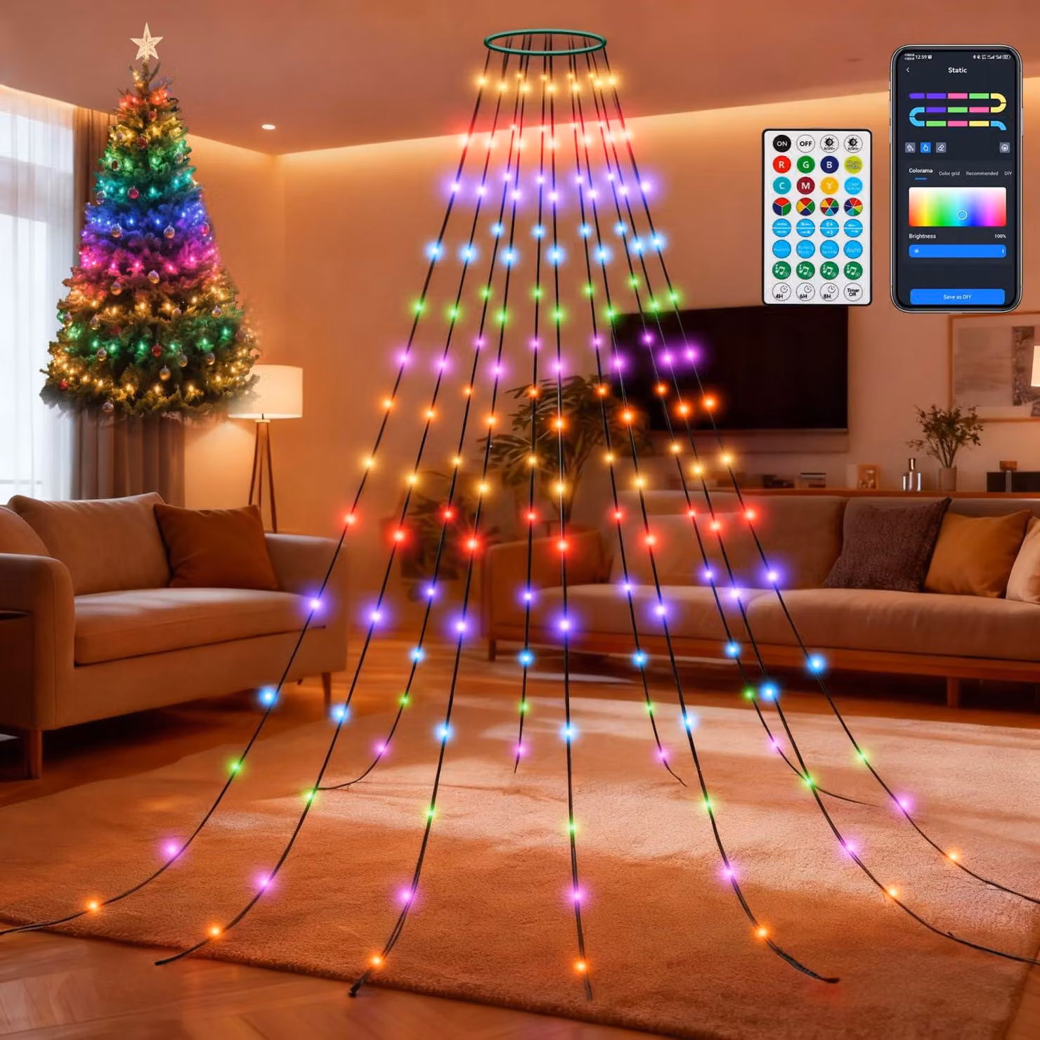 Illuminazione per albero di Natale RGBIC, 150 LED, 3 metri + 1,5 metri, grado di protezione IP44