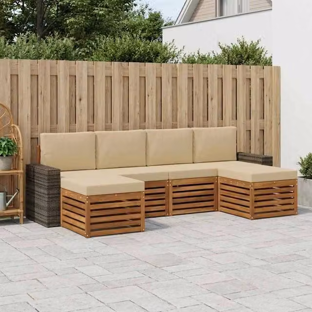 Set di divani da esterno a L vidaXL in legno di acacia con cuscini, Beige e Marrone