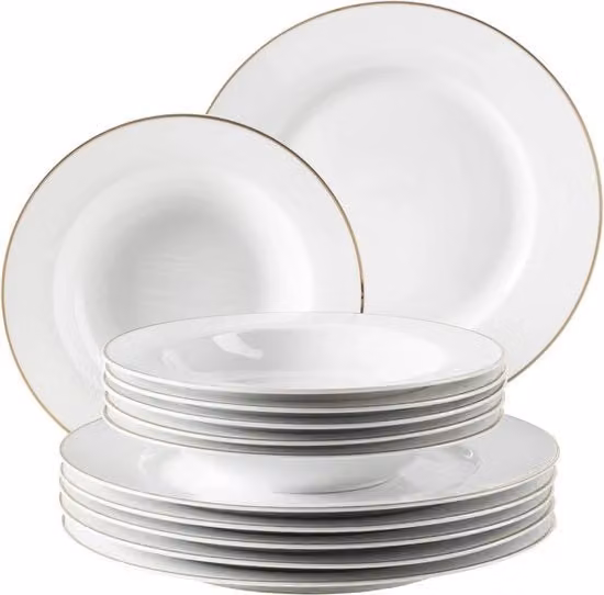 Set da pranzo professionale per 6 persone in bianco con bordo dorato - 12 pezzi di porcellana da tavola