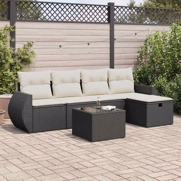 Set Divano da Giardino vidaXL 6 pz a Forma a L con Cuscini, Tavolino e Ottoman, Colore Nero e Bianco