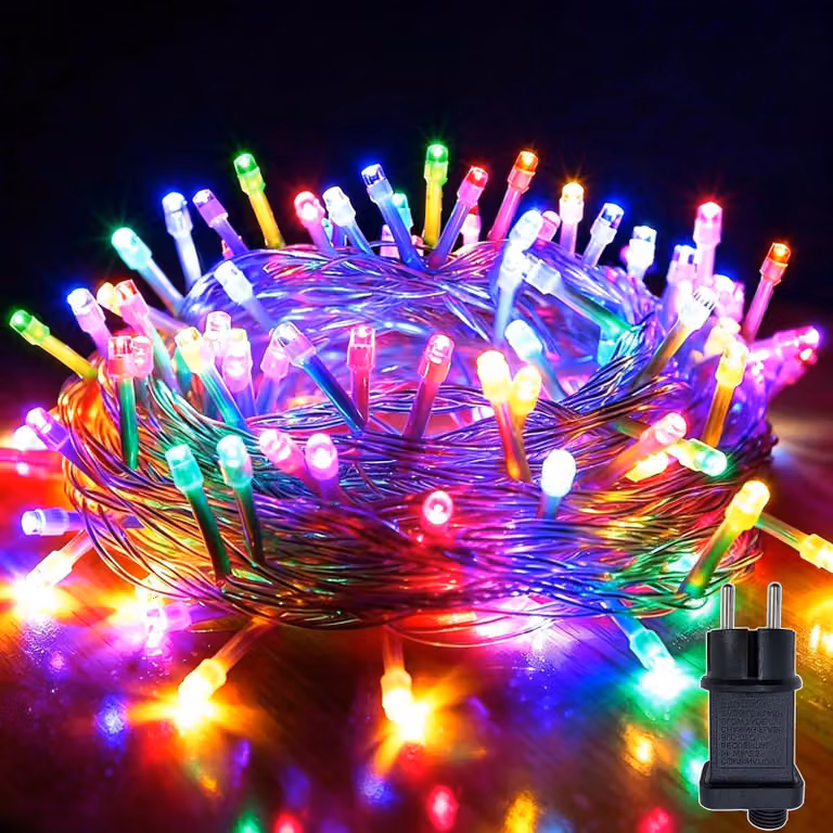 Catena luminosa a LED, 10 metri, 100 LED colorati, grado di protezione IP44, timer, 8 modalità