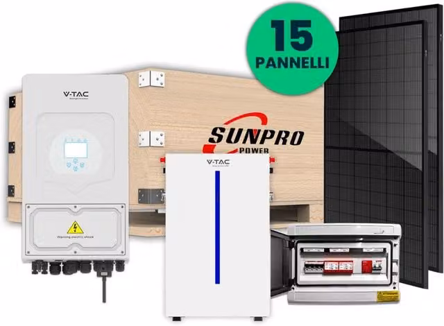 Kit Fotovoltaico Monofase Completo SUNPRO da 6kW con 15 Moduli da 410W, Batteria di Accumulo 6.14kWh, Inverter Ibrido 6kW e Quadro AC/DC 2 MPPT