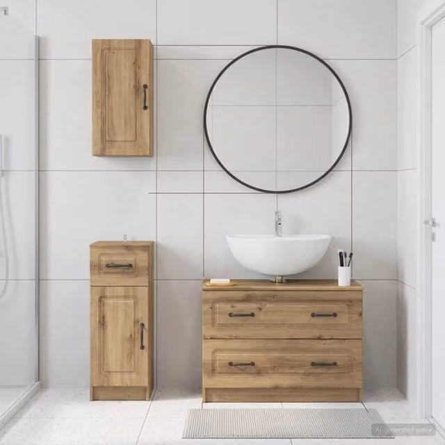 Set di 3 mobili da bagno vidaXL UTRECHT in legno rovere marrone con mobile lavabo, pensile e armadietto laterale in stile minimalista