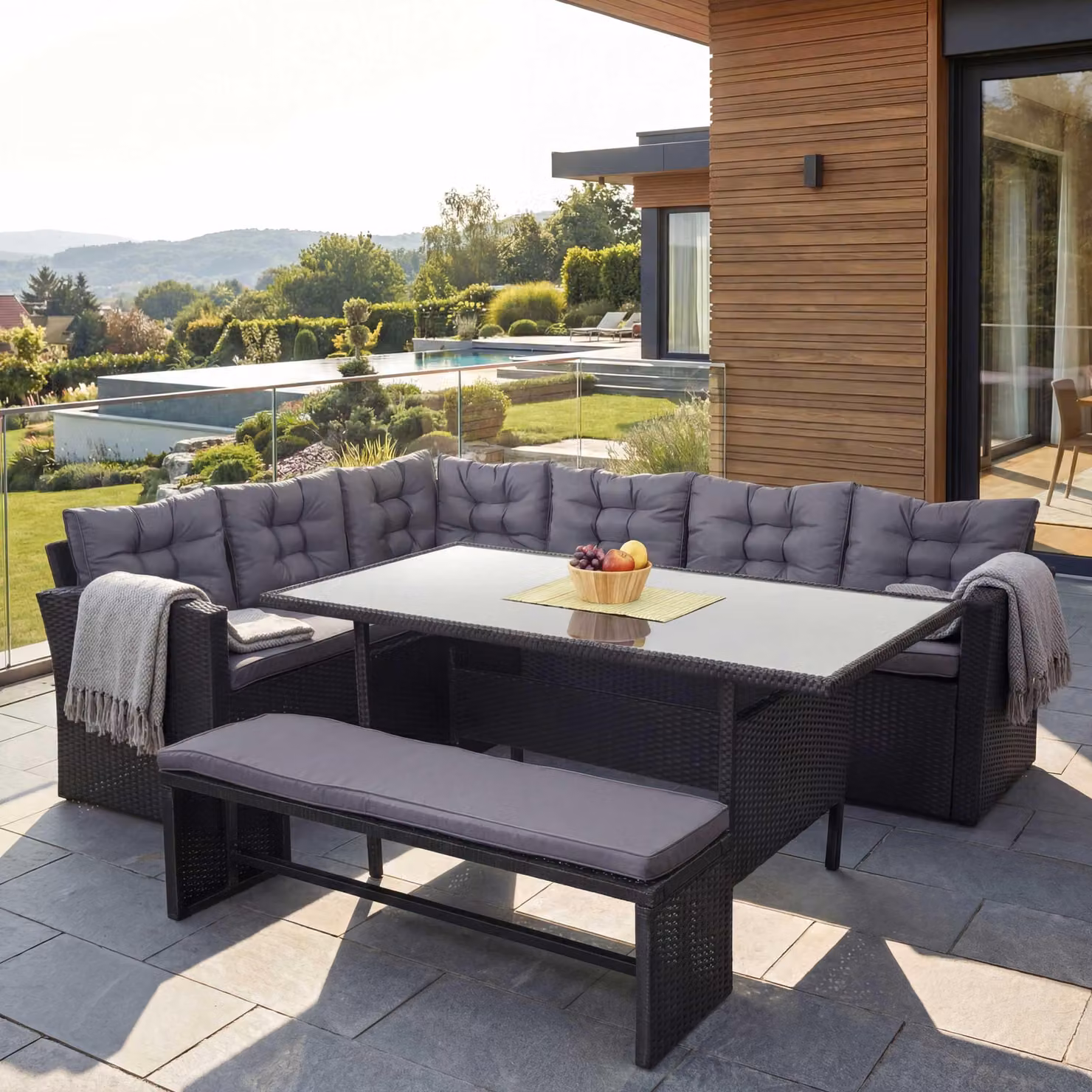 Set in poly rattan HWC-A29, set da giardino tavolo da pranzo, nero ~ cuscini grigio scuro, con panca