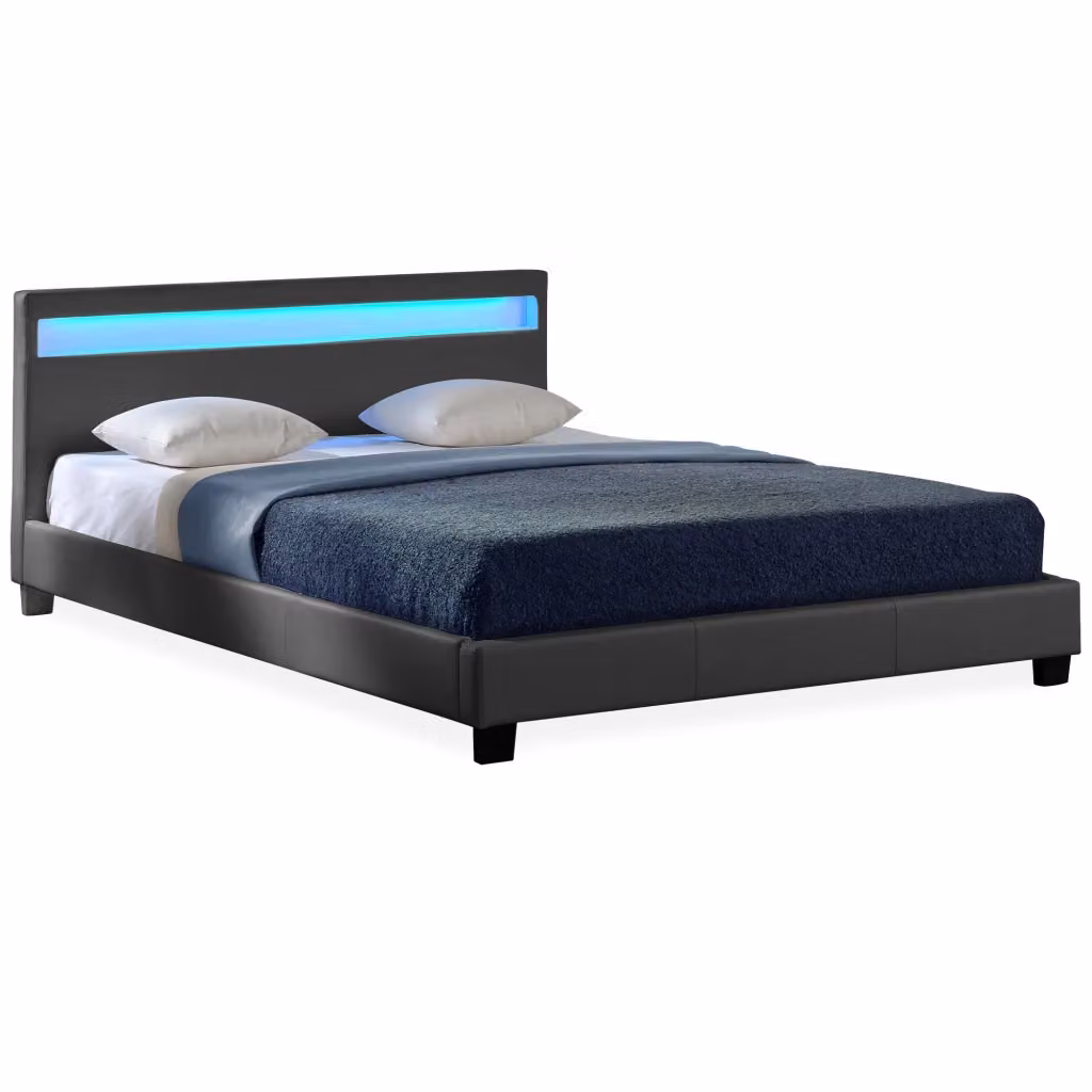 Letto Francese Imbottito Corium in Similpelle Grigio con Testiera Alta e Illuminazione a LED L/P: 140 x 200 cm – 2