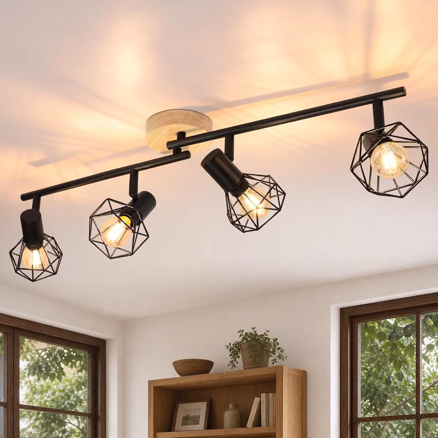 ZMH Lampada da soffitto a 4 luci, nera, in legno, ideale per corridoi, cucine e camere da letto. Lampada industriale da soffitto, con portalampada E14, orientabile a 350°, faretto