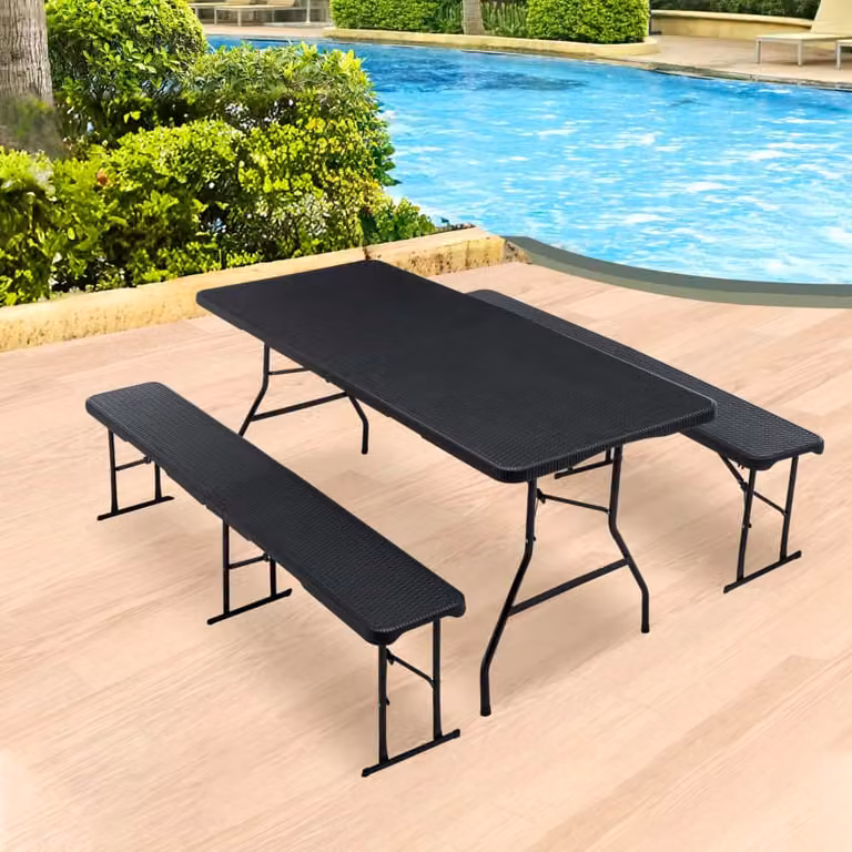AIORBER Set tenda da birra 3 pezzi, 2 panche da birra e 1 tavolo da birra, pieghevole, in rattan, per un massimo di 8 persone, per campeggio, giardino, 180x69,5x74,5cm, nero