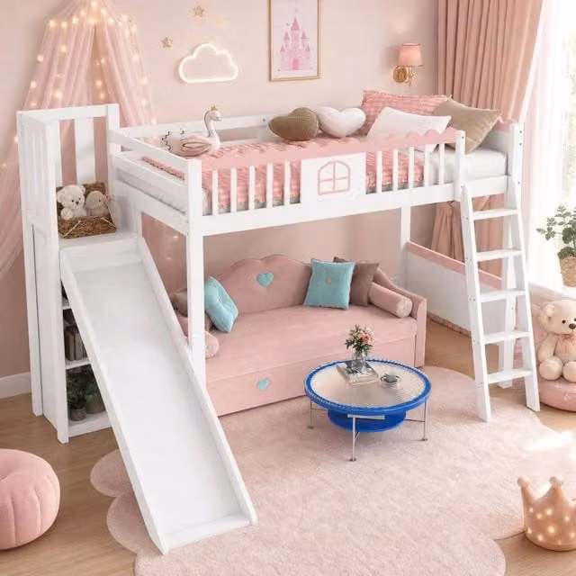 Letto a soppalco per bambini 90x200 cm con scivolo e LED