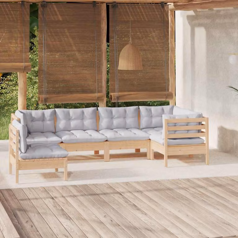 Set di divani da giardino vidaXL a forma di L in legno massello di pino con cuscini grigi, 6 pezzi