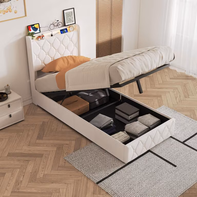 Letto singolo ProximaX, 90x200 cm, rivestito in velluto, con illuminazione LED, porta USB-C e spazio contenitore con sistema idraulico