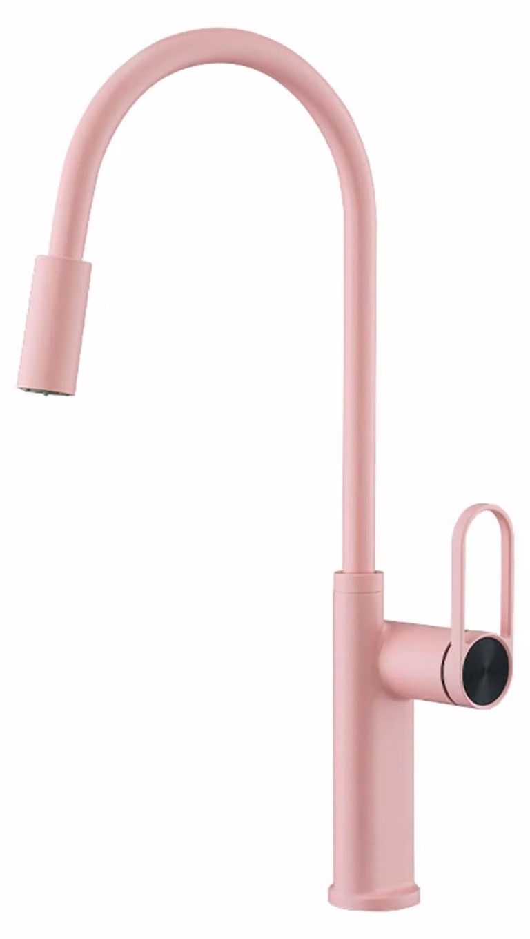 Miscelatore da cucina con doccetta estraibile, girevole a 360°, color rosa