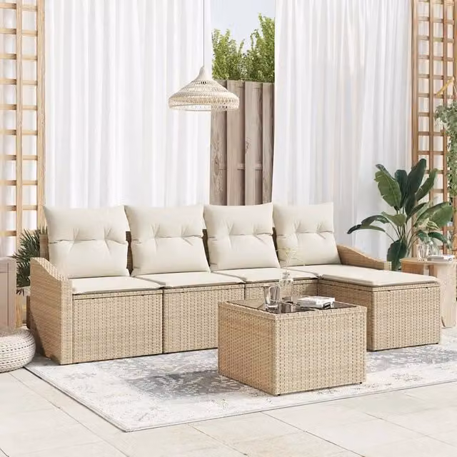 Set di divani da giardino moderno vidaXL in rattan e metallo, 6 pezzi, Beige e Marrone