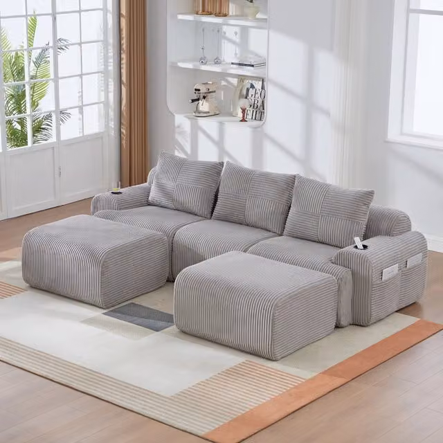 Divano modulare REDOM a L da 3 posti in tessuto a coste grigio, L/P/H: 268 x 174 x 80 cm