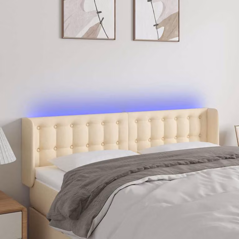 Testiera per letto vidaXL in tessuto beige con illuminazione LED e porta di ricarica USB, L 147 x P 16 x H 78/88 cm