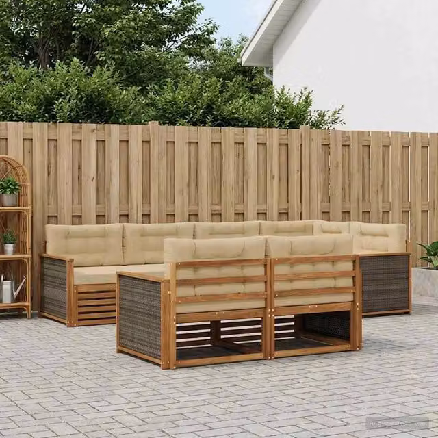 Set di divani da esterno vidaXL a forma di L composto da 7 pezzi in legno di acacia con cuscini beige e sabbia