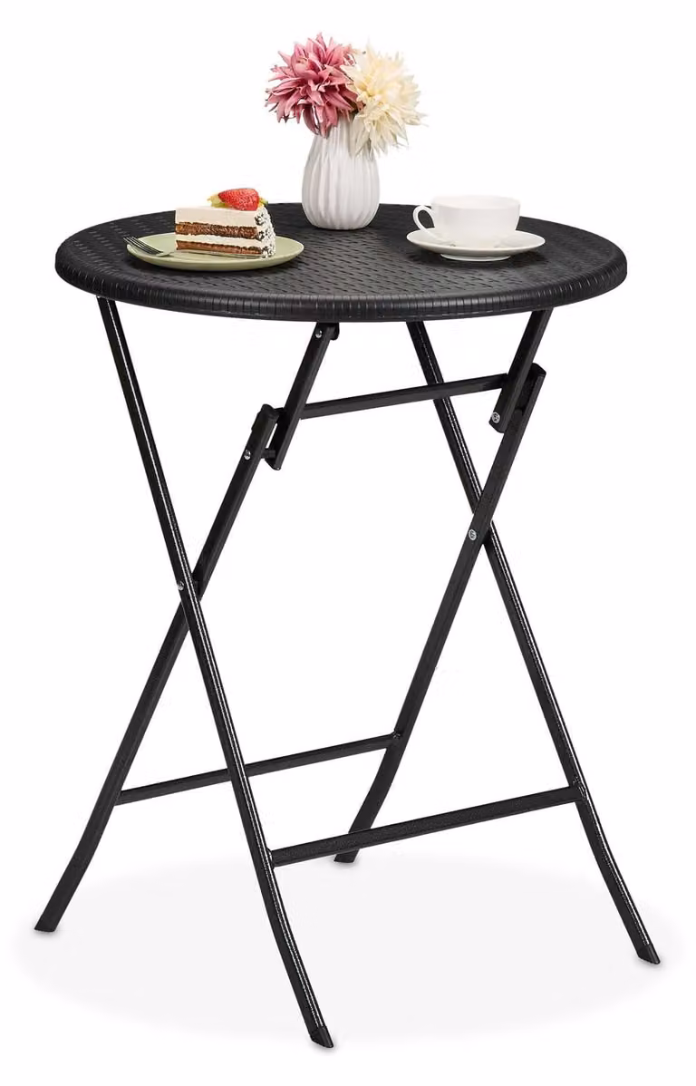 Tavolino da balcone pieghevole - Rotondo - Nero - 75 x 60 cm effetto rattan