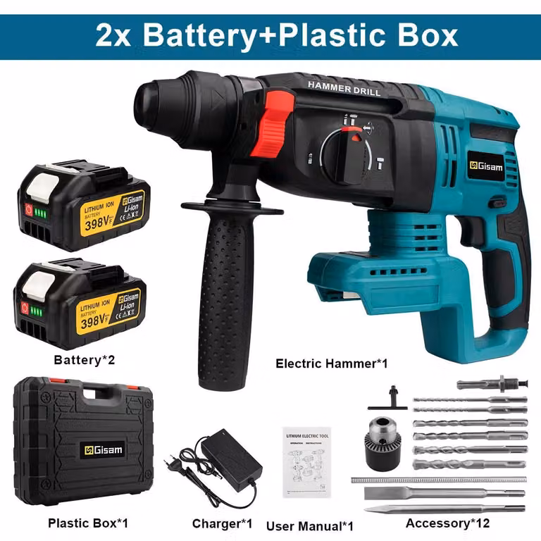 Martello perforatore - Martello perforatore a batteria da 26 mm - Senza spazzole, 1680 W - 2 batterie da 18 V - Valigetta in plastica - Verde