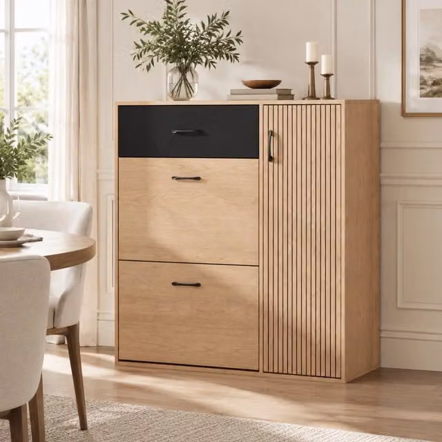 Armadio portascarpe con 1 anta, 2 sportelli ribaltabili e 1 cassetto, 100×35×106 cm, MDF e truciolato, colore legno naturale e nero