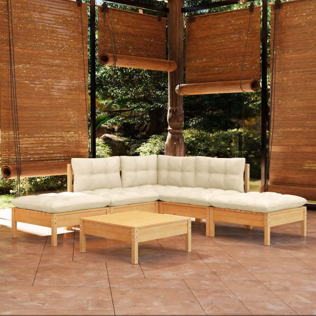 The Living Store Set da giardino da 6 pezzi con cuscini crema in legno di pino