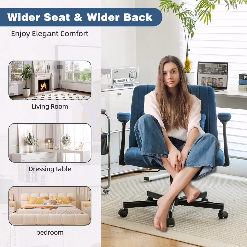 Sedia da Ufficio Girevole MINIMAL in Velluto Blu con Braccioli e Ruote per Home Office e Camera da Letto – 2