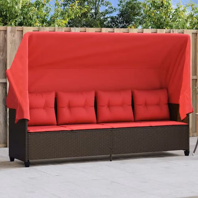 Lettino prendisole con baldacchino e cuscini vidaXL in polyrattan marrone e rosso L/P/H: 204 x 140 x 110 cm