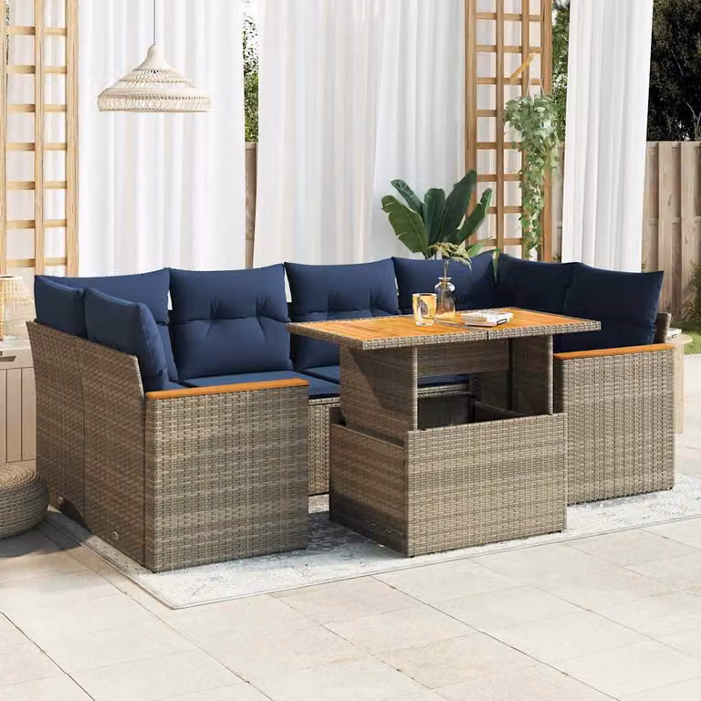 Set di divani da giardino vidaXL in polyrattan e legno di acacia con cuscini, 7 pezzi, grigio e blu
