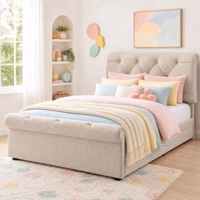 Letto singolo imbottito 90x200 cm con 2 cassetti e testiera regolabile in altezza, modello Chesterfield, naturale, con materasso incluso