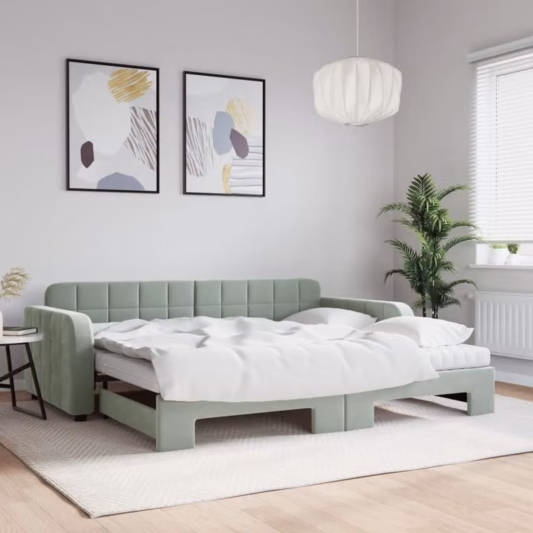 Divano Letto Estraibile vidaXL in Velluto Grigio Chiaro con Materasso 90x190 cm
