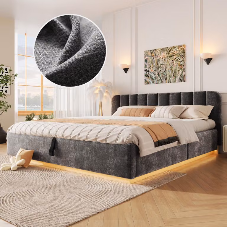 Letto idraulico imbottito Flieks, 180x200 cm, rivestito in ecopelle, letto matrimoniale con sistema di sollevamento idraulico e spazio contenitore, letto per ragazzi con rete a doghe, tessuto in chenille, colore grigio scuro