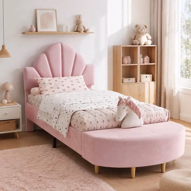 Letto singolo imbottito MODFU in velluto rosa con panca coordinata L/P/H: 90 x 200 cm