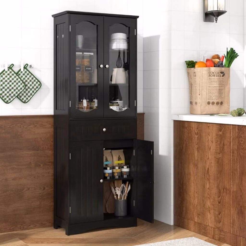 Armadio da bagno e cucina freestanding nero con ante in vetro trasparente e ripiani interni, Altezza: 160 cm – 2