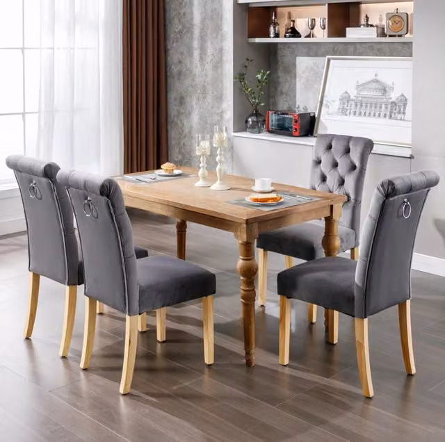 Set di 4 sedie da pranzo moderne in velluto grigio con gambe in rovere