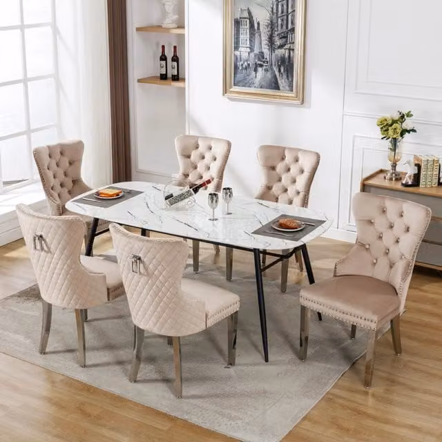 Sedia da Pranzo Imbottita in Velluto con Schienale e Gambe in Metallo ¨C MINIMAL ¨C Beige, Set 6 Pezzi