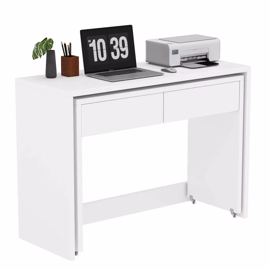 Scrivania estraibile Minimal con cassetti in legno multistrato e rotelle, colore bianco, L: 90 cm, P: 50 cm, H: 75 cm – 2