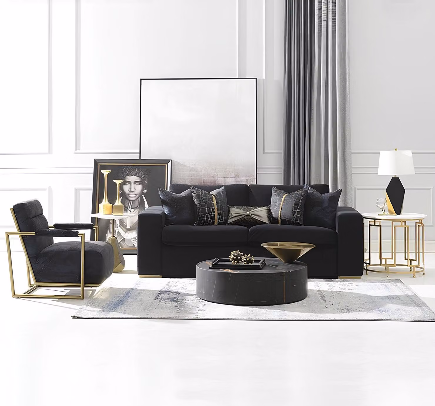 Sofa Couch Samt Polster Sitz 3+1 Sitzer Design Couchen Sofas Metall Garnitur