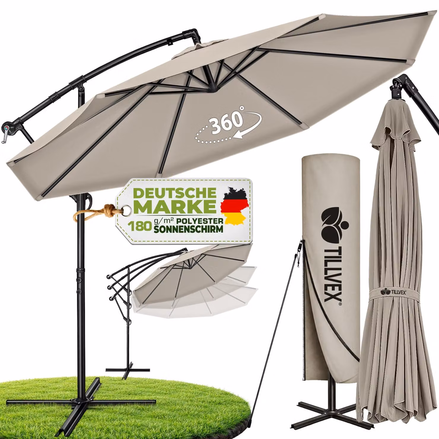 Ombrellone Tillvex Taupe Ø 300 cm Ombrellone a braccio laterale Ombrellone da giardino Ombrellone da mercato Ombrellone con manovella da balcone in alluminio inclinabile