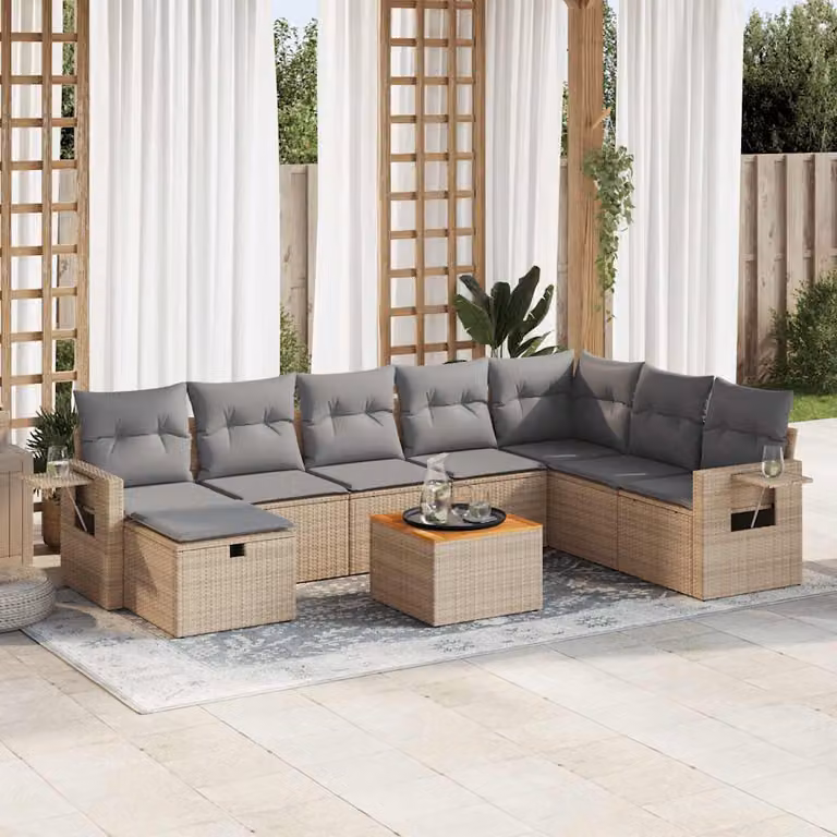 vidaXL Set Divano da Giardino 9 pz in Polyrattan con Cuscini Beige e Tavolino per Terrazza e Balcone