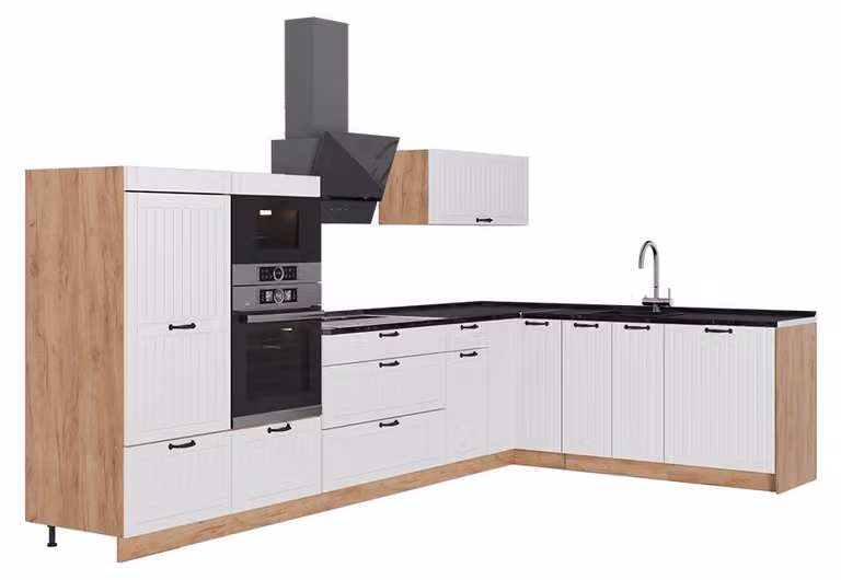 Cucina angolare completa Vicco Fame-Line Bianco rustico/Rovere dorato 347 x 207 cm, PL Antracite, Model 63617