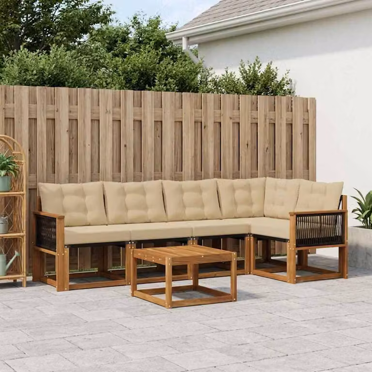 Set di divani da esterno vidaXL a forma di L composto da 6 pezzi in legno di acacia e tessuto textilene, colore marrone e beige, con cuscini inclusi e tavolino da caffè