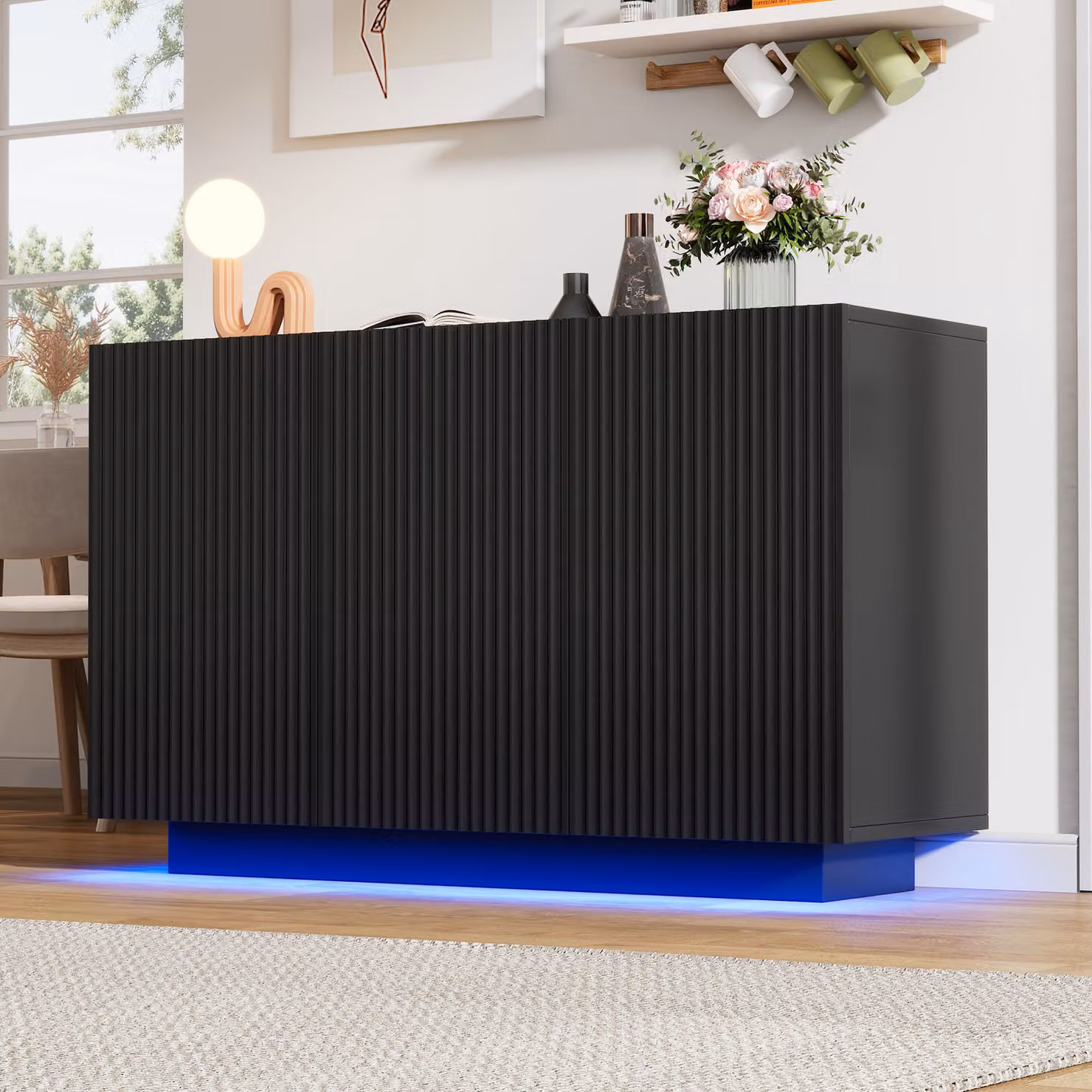 MODFU mobile da cucina, cassettiera, credenza, armadio con striscia luminosa a LED, armadio contenitore, mobile da soggiorno moderno, nero