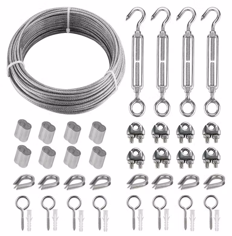 Kit per fune di acciaio – 30 metri – rivestita in PVC – acciaio inossidabile 304 – tenditori – manicotti di serraggio – anelli