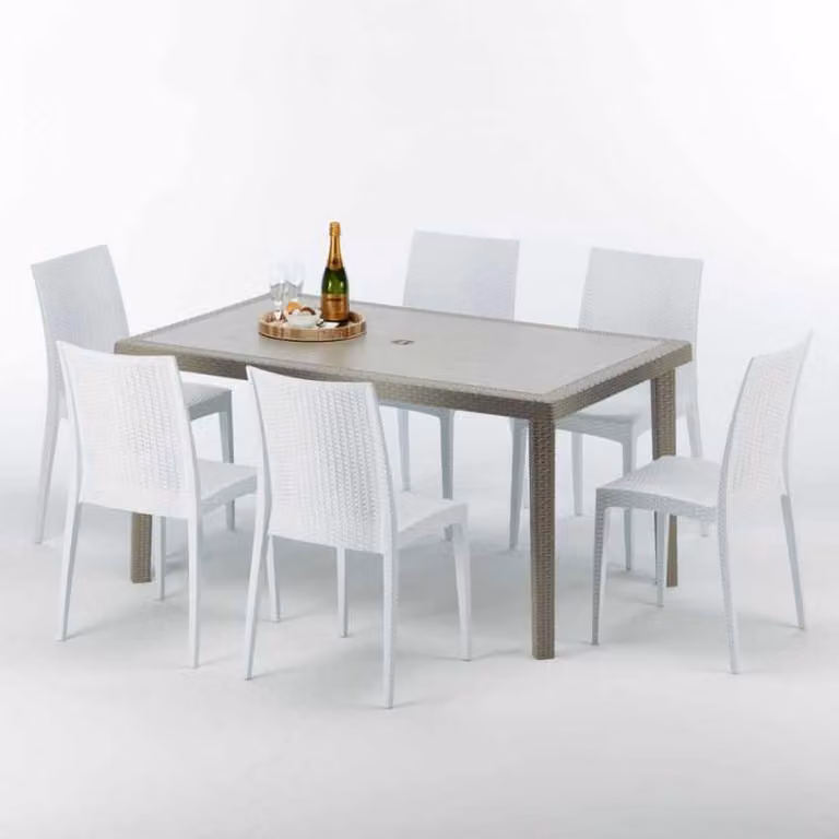 Tavolo rettangolare in polyrattan con 6 sedie colorate 150x90 Beige Marion