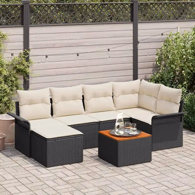Set Divano da Giardino vidaXL 7 Pezzi Moderno a Forma di L con Tavolino e Cuscini Nero e Beige